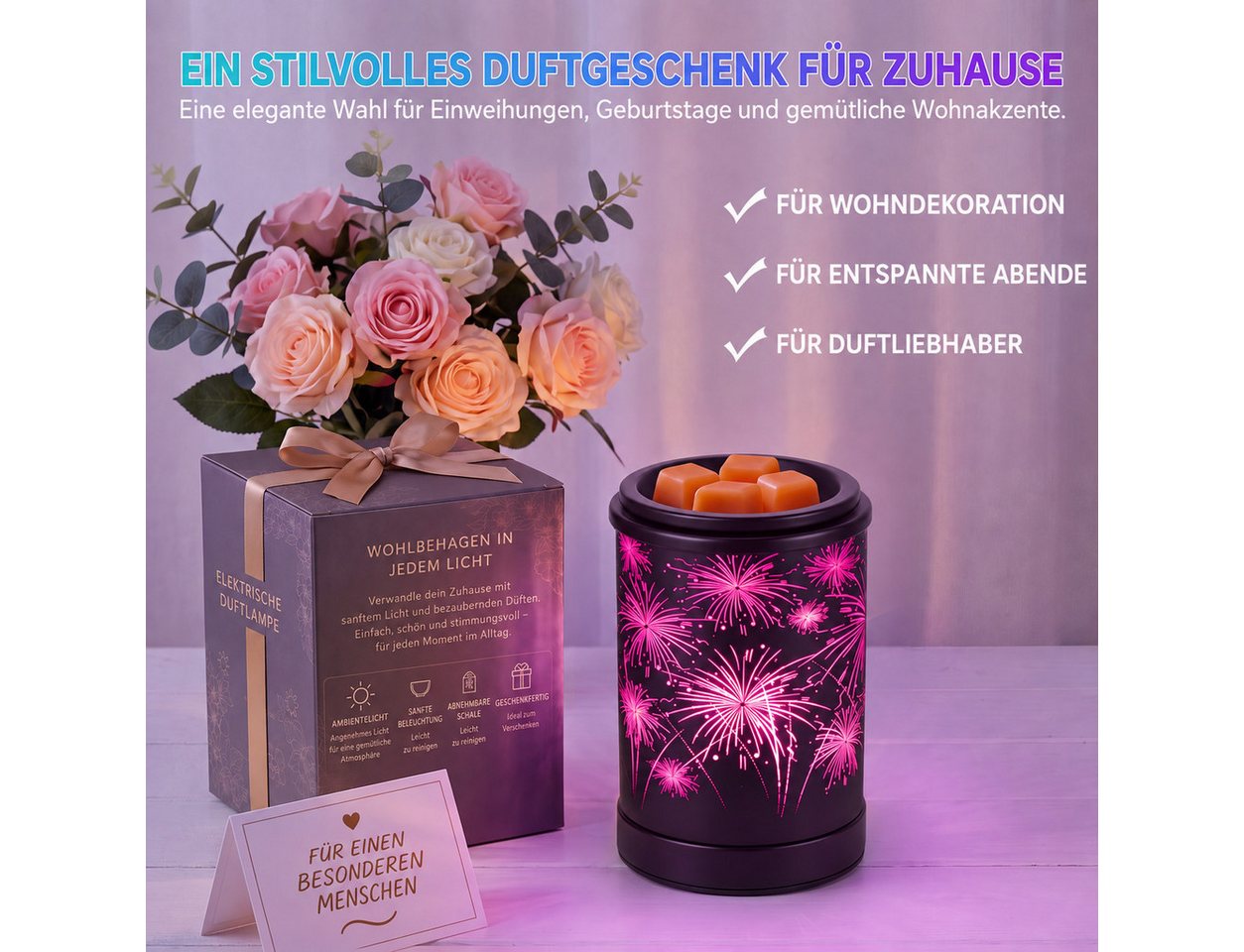 BlingBin Duftlampe Elektrische Aromalampe Wachsduftlampe mit Feuerwerk-Lichteffekt (1er Set, 1 St., 10,5*10,5*15cm), Dekorative Duftlampe für Duftwachs & ätheri – Bild 3 von 5