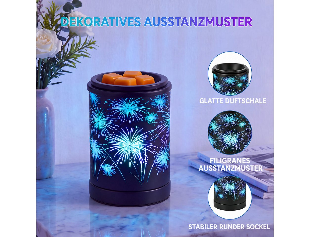 BlingBin Duftlampe Elektrische Aromalampe Wachsduftlampe mit Feuerwerk-Lichteffekt (1er Set, 1 St., 10,5*10,5*15cm), Dekorative Duftlampe für Duftwachs & ätheri – Bild 4 von 5