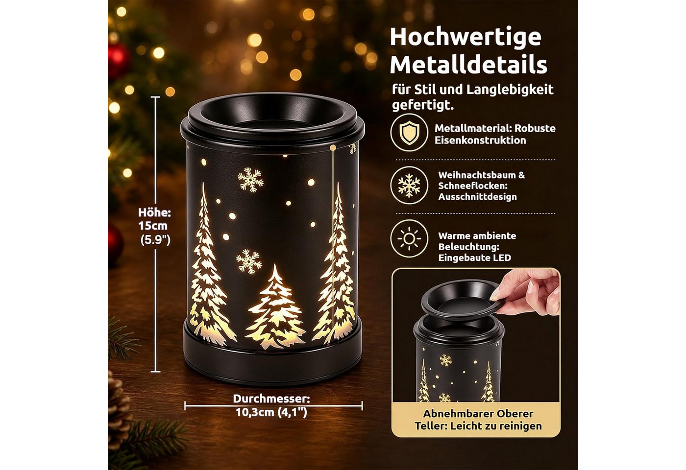 BlingBin Duftlampe Elektrische Duftlampe mit eingravierter Weihnachtsbaum-Gravur (1 Stück, 1 St., 15 × 10,3 × 10,3 cm), Aromalampe als Weihnachtsdekoration für  – Bild 2 von 5