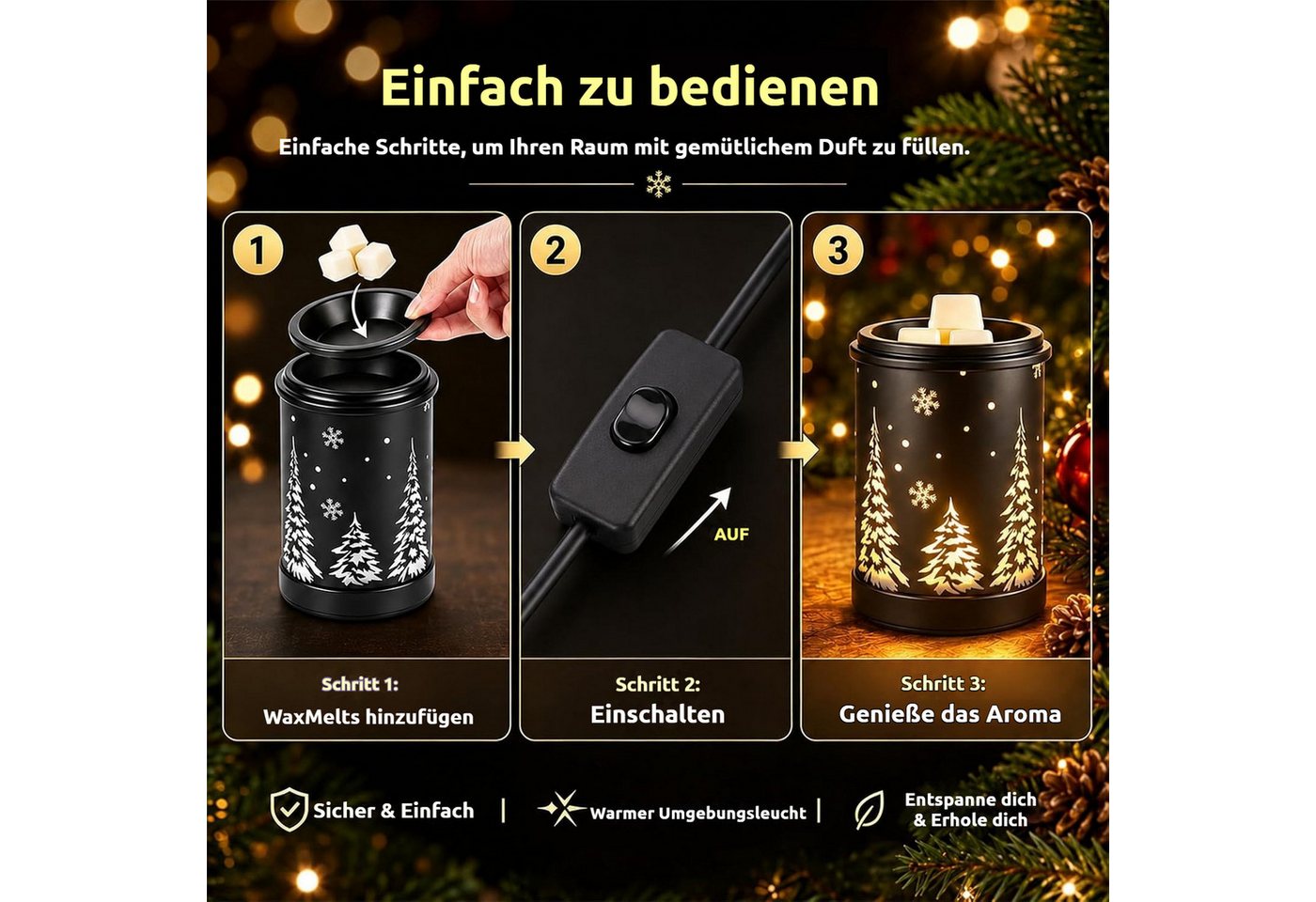 BlingBin Duftlampe Elektrische Duftlampe mit eingravierter Weihnachtsbaum-Gravur (1 Stück, 1 St., 15 × 10,3 × 10,3 cm), Aromalampe als Weihnachtsdekoration für  – Bild 5 von 5