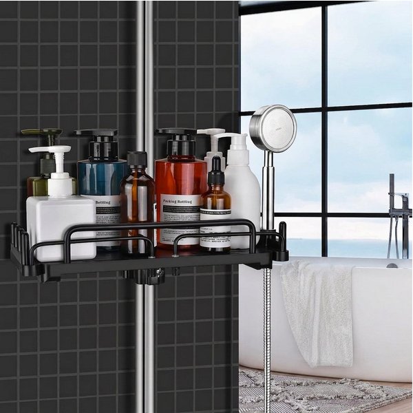 BlingBin Duschablage Ohne Bohren, 32-49,5cm Ausziehbarer Duschhalter für 18mm-26mm, 1er Set 1-tlg., Hängen Teleskopisch Aufbewahrungsregal für Badezimmer, Schwa