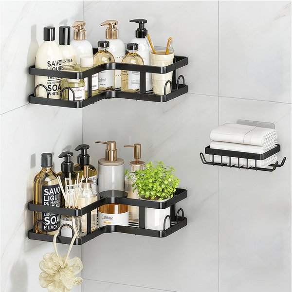 BlingBin Duschregal Ecke ohne Bohren Badezimmer Organizer, Badregal 3 Stück, Schwarz, 1er Set 1-tlg., Shampoo Halterung für Dusche, Duschkörbe & Duschablagen, S