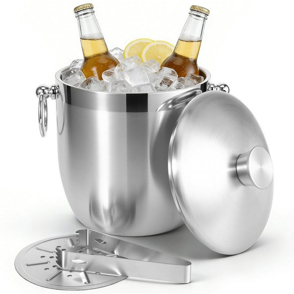 BlingBin Eiseimer 3L Eiskübel mit Deckel, Zange & Sieb, Doppelwand Eiswürfel Behälter, Eiswürfelbehälter Edelstahl für Kühlen von Bier Champagner Wein