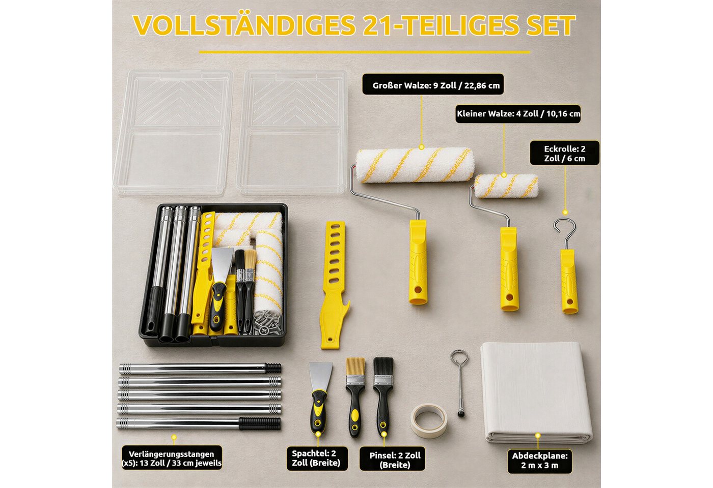 BlingBin Farbroller 21-teiliges Farbroller-Set mit 150 cm Teleskopstange, Rollen, Pinsel (21er Set, 21-St., 21-teiliges Farbroller-Set), und Schaber für Wände,  – Bild 2 von 5