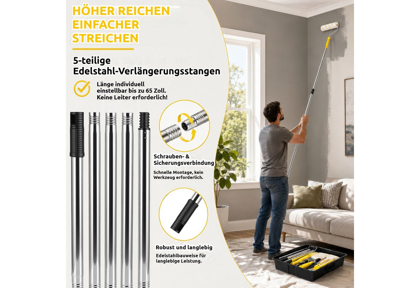 BlingBin Farbroller 21-teiliges Farbroller-Set mit 150 cm Teleskopstange, Rollen, Pinsel (21er Set, 21-St., 21-teiliges Farbroller-Set), und Schaber für Wände,  – Bild 3 von 5