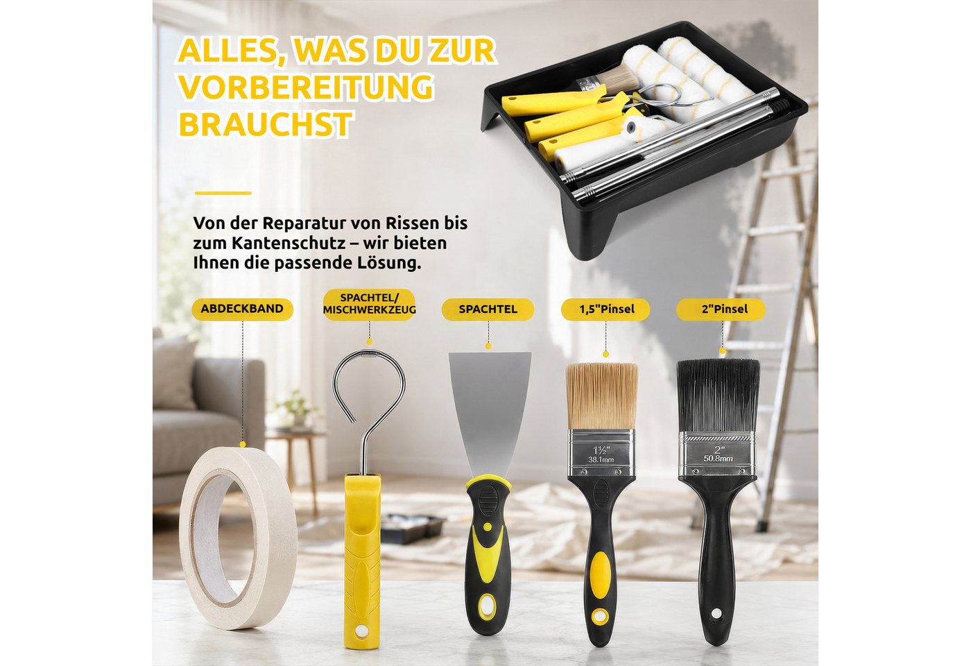 BlingBin Farbroller 21-teiliges Farbroller-Set mit 150 cm Teleskopstange, Rollen, Pinsel (21er Set, 21-St., 21-teiliges Farbroller-Set), und Schaber für Wände,  – Bild 4 von 5
