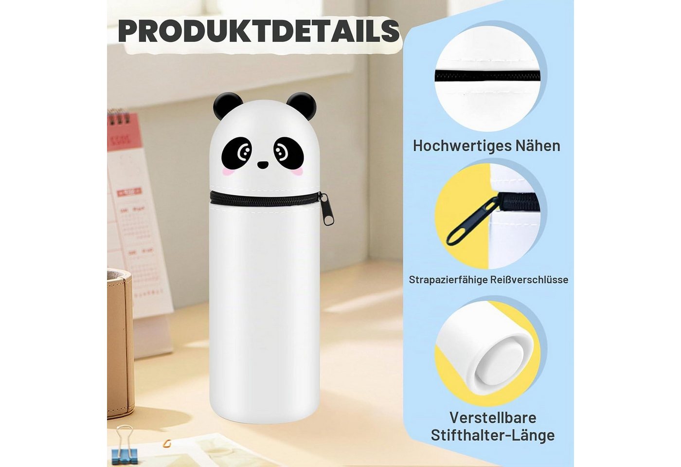 BlingBin Federmäppchen 2-in-1 Schulmäppchen Stiftbehälter aus weichem Silikon, Panda-Thema, (1 Stück, 1-tlg., 19 x 7 cm), Tischstifthalter Mäppchen Reißverschlu – Bild 3 von 5