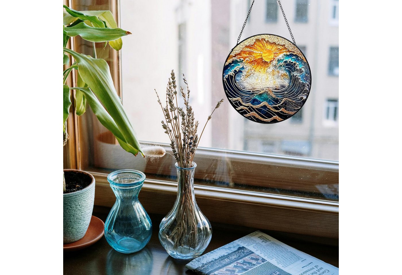 BlingBin Fensterdekoration Farbenfroher handbemalter Glas-Sonnenfänger mit Wellenmotiv 20 cm, Dekorativer Fenster und Wandanhänger für Innen- und Außenbereich – Bild 2 von 5