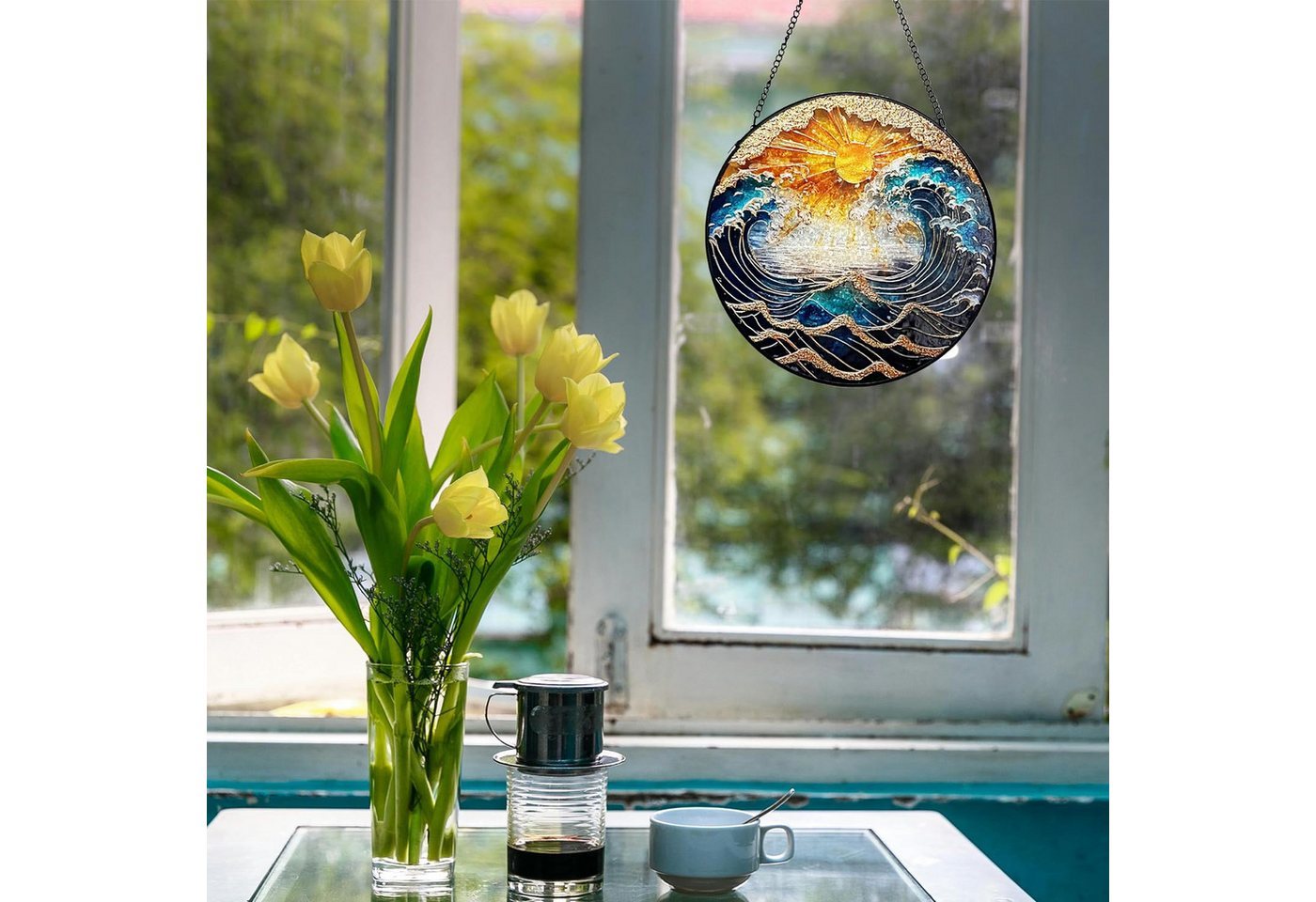 BlingBin Fensterdekoration Farbenfroher handbemalter Glas-Sonnenfänger mit Wellenmotiv 20 cm, Dekorativer Fenster und Wandanhänger für Innen- und Außenbereich – Bild 3 von 5