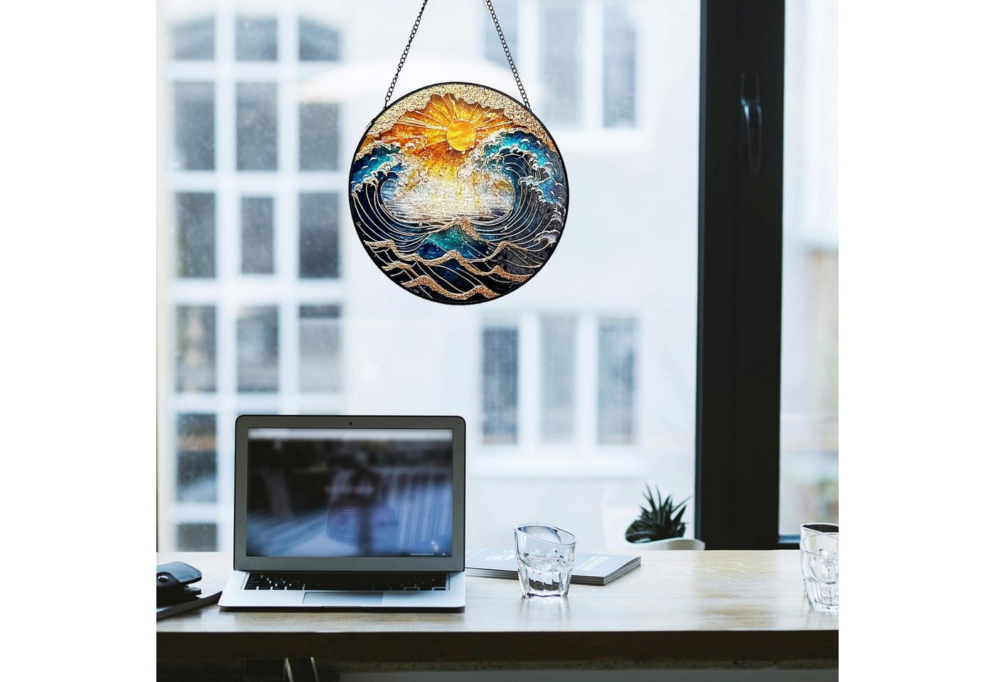 BlingBin Fensterdekoration Farbenfroher handbemalter Glas-Sonnenfänger mit Wellenmotiv 20 cm, Dekorativer Fenster und Wandanhänger für Innen- und Außenbereich – Bild 5 von 5