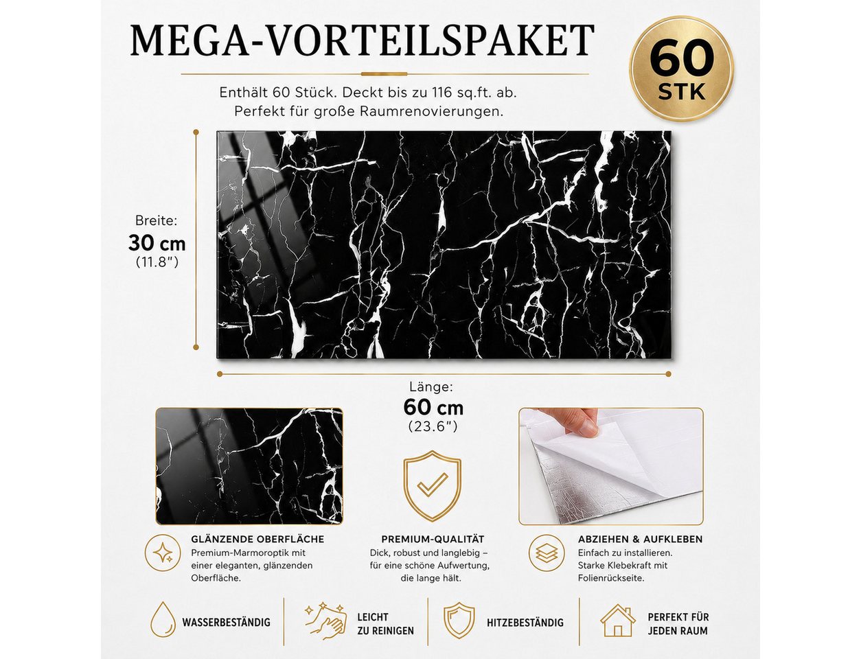 BlingBin Fliesenaufkleber Marmor, 60cm x 30cm Klebefliesen Wasserfest, 60 Stück Wandaufkleber (Selbstklebende Wandpaneele, 60 St., Maße je Paneel: 60 x 30 x 0,2 – Bild 3 von 5