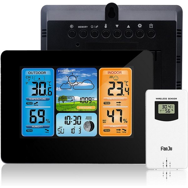 BlingBin Funkwetterstation Digital Farbvorhersage Wetterstation Mit Außensensor Wetterstation (kabelloser Außensensor, Mit Alarm und Temperatur/Feuchte/Baromete