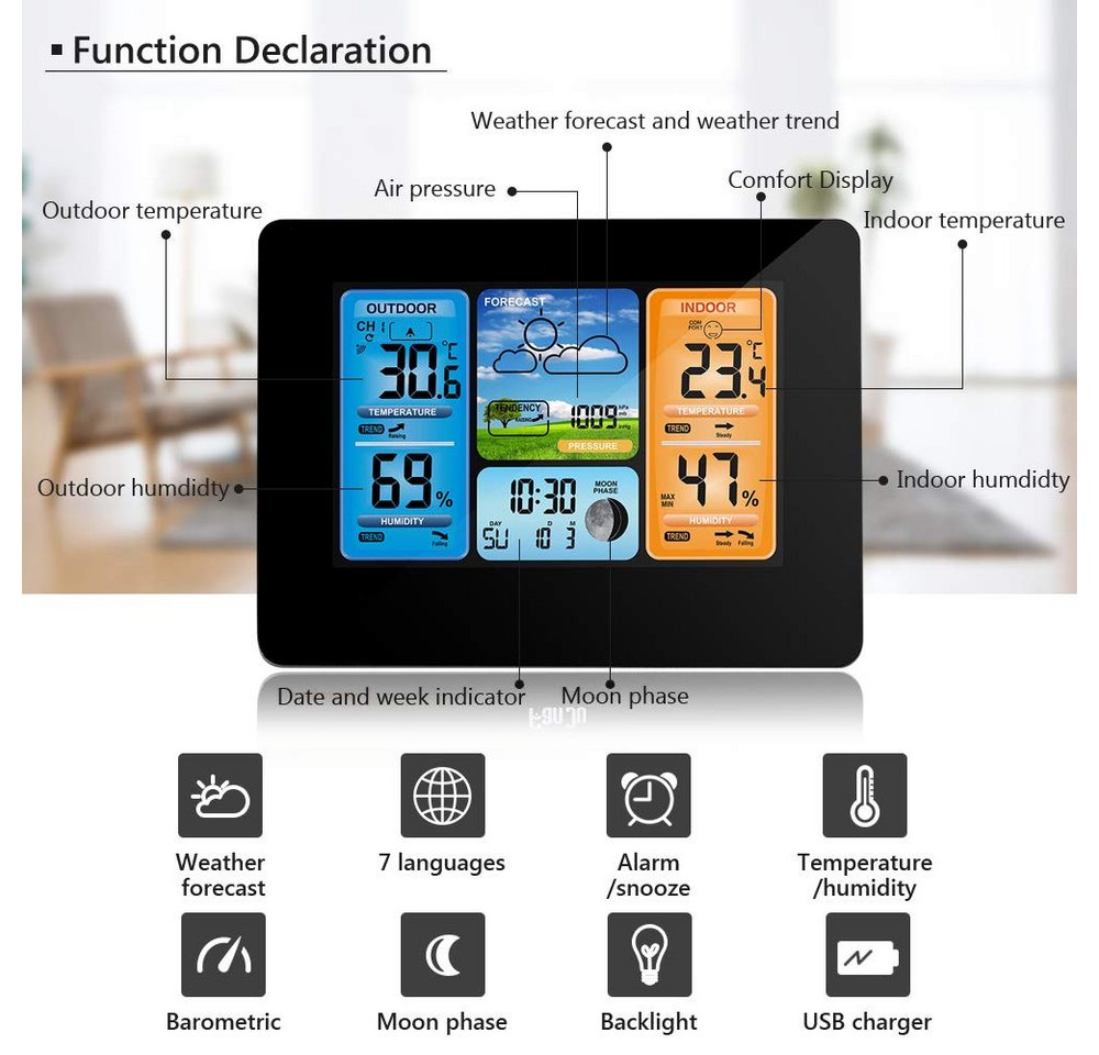 BlingBin Funkwetterstation Digital Farbvorhersage Wetterstation Mit Außensensor Wetterstation (kabelloser Außensensor, Mit Alarm und Temperatur/Feuchte/Baromete – Bild 2 von 5