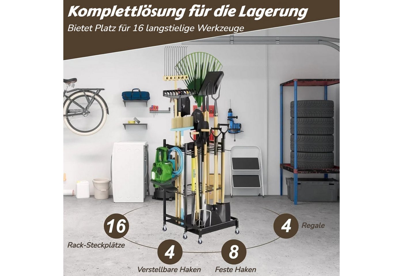 BlingBin Gartengerätehalter Gartengeräte Ständer mit Haken & Rädern, Gartenwerkzeug-Organizer, (1er Set, 1-tlg., Belastbarkeit maximal: 30KG, 49,71*42,9*77,9cm, – Bild 2 von 5