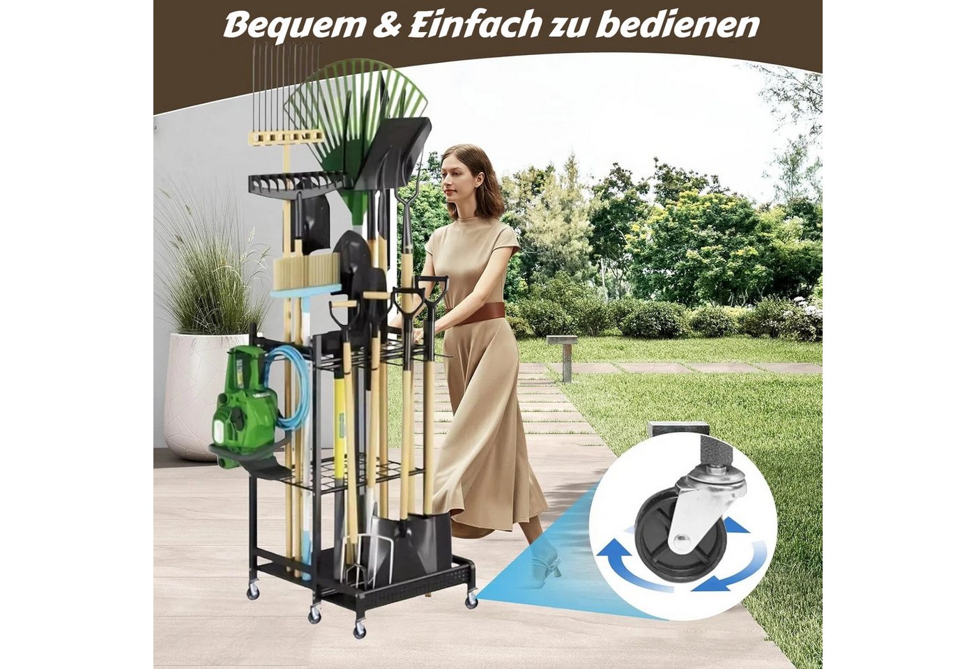 BlingBin Gartengerätehalter Gartengeräte Ständer mit Haken & Rädern, Gartenwerkzeug-Organizer, (1er Set, 1-tlg., Belastbarkeit maximal: 30KG, 49,71*42,9*77,9cm, – Bild 3 von 5