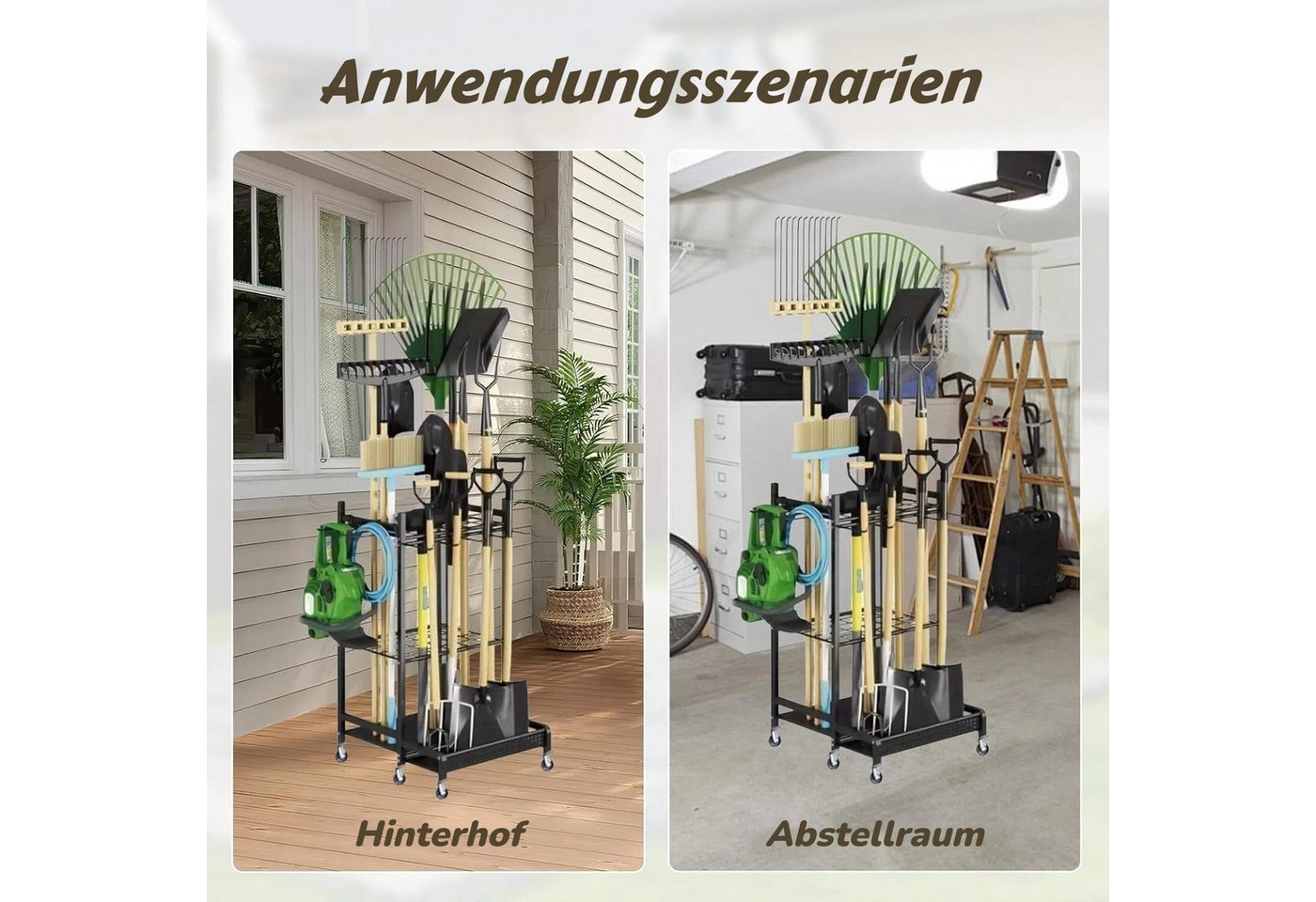 BlingBin Gartengerätehalter Gartengeräte Ständer mit Haken & Rädern, Gartenwerkzeug-Organizer, (1er Set, 1-tlg., Belastbarkeit maximal: 30KG, 49,71*42,9*77,9cm, – Bild 5 von 5