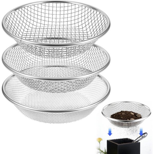 BlingBin Gartensieb 3mm, 6mm, 10mm Kompostsieb aus Edelstahl für Erde, Kompost, Saatgut, Edelstahl, (3er Set, 3-St., Produktabmessungen: 30 × 30 × 6,8 cm), Rund