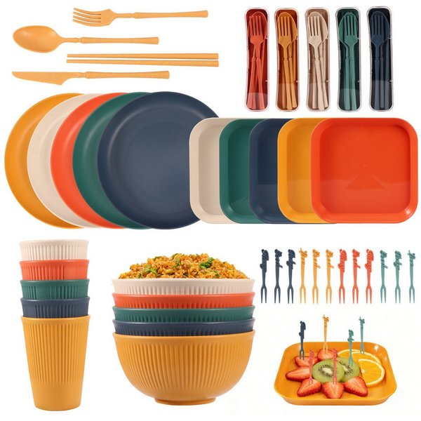 BlingBin Geschirr-Set 24 Teiliges Unzerbrechliches Camping Geschirr Set für 5-6 Personen (52-tlg), 5 Personen, Kunststoff, Kunststoff Servierteller Schüsseln Be