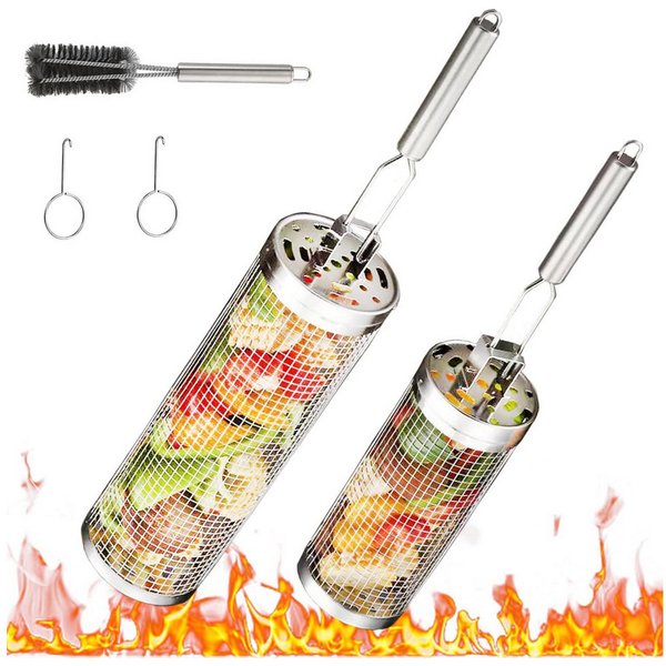 BlingBin Grillguthalter Rollendes Grillkorb Edelstahl Gitter Grillkäfig mit Abnehmbarem Griff, Edelstahl, (1er Set, 2-St., 2 Stück), Grill Zubehör GrillgemüSe G