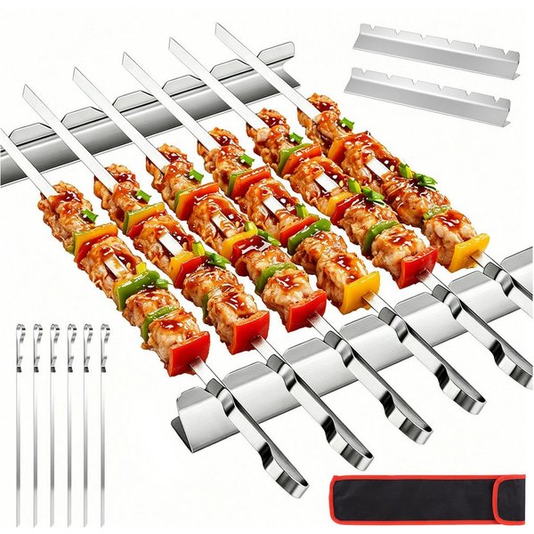 BlingBin Grillspieß Edelstahl Set, 6 Stück Schaschlikspieße mit Grillspießhalter (6er Set, 9-St., Maße der Grillspieße: 41,5 × 0,8 cm), 41,5cm Lange BBQ-Spieße 