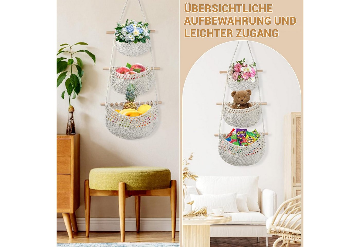 BlingBin Hängekorb Wand Aufbewahrung, 3 Etagen Hängeorganizer Makramee Obstkorb (1er Set, 1 St., 33 x 80 cm), Wand Hängender Organizer für Badezimmer Schlafzimm – Bild 2 von 5