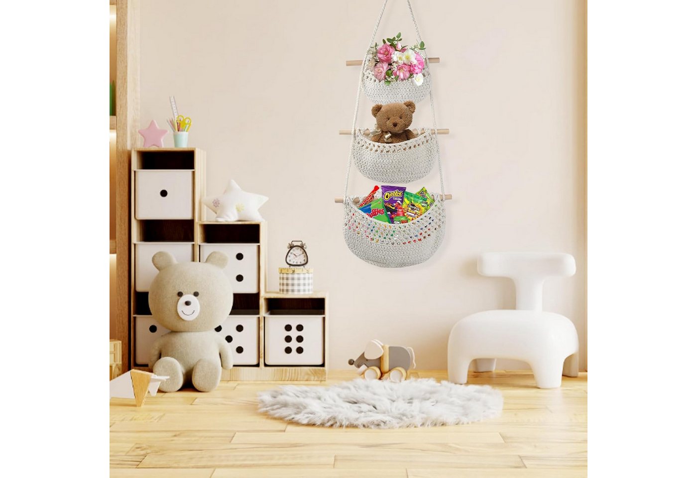 BlingBin Hängekorb Wand Aufbewahrung, 3 Etagen Hängeorganizer Makramee Obstkorb (1er Set, 1 St., 33 x 80 cm), Wand Hängender Organizer für Badezimmer Schlafzimm – Bild 4 von 5