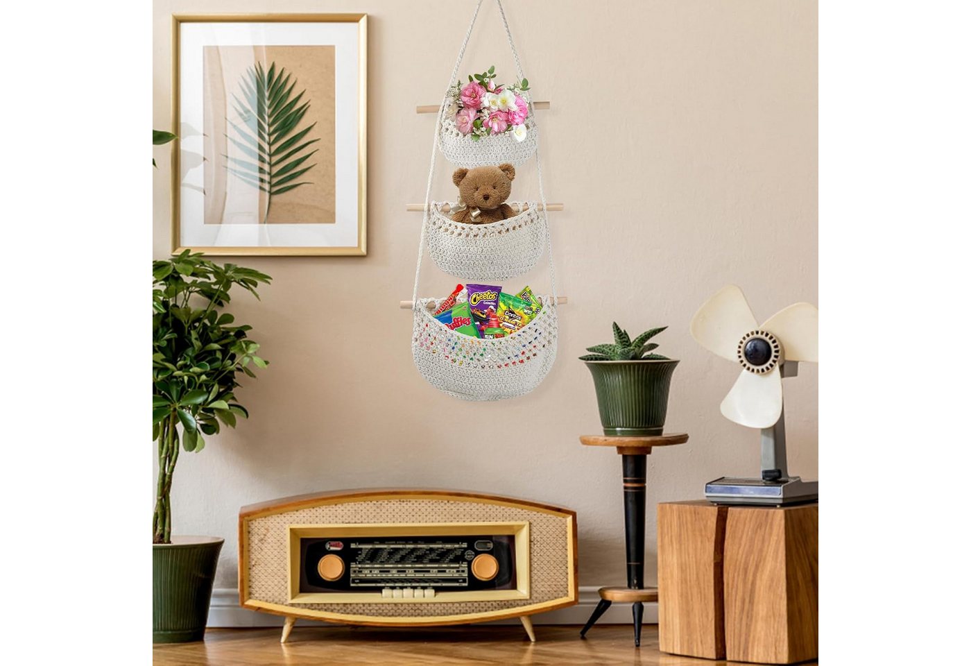 BlingBin Hängekorb Wand Aufbewahrung, 3 Etagen Hängeorganizer Makramee Obstkorb (1er Set, 1 St., 33 x 80 cm), Wand Hängender Organizer für Badezimmer Schlafzimm – Bild 5 von 5