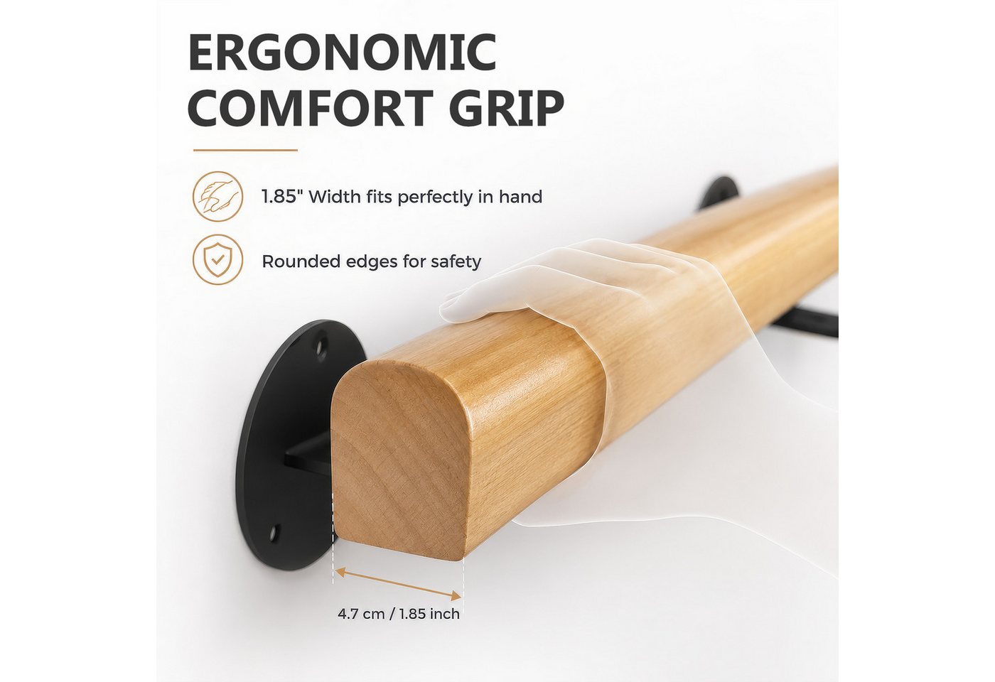 BlingBin Handlauf Treppengeländer Geländer Treppenhandläufe aus Holz 50/80/120cm, 50 cm Gesamtlänge, (1 Stück, 1 St., 50cm), Rutschfester Holzhandlauf Treppenge – Bild 4 von 5