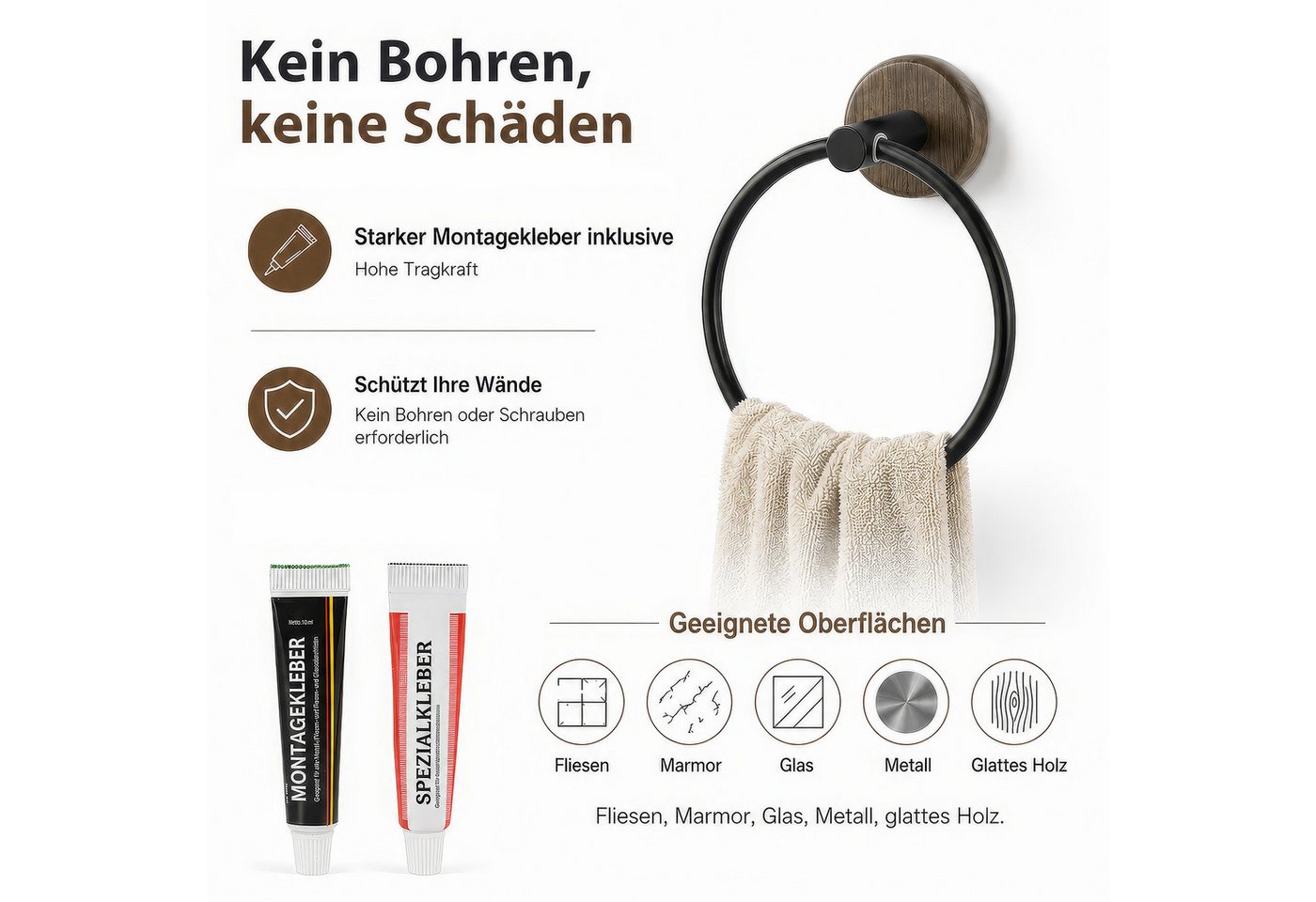 BlingBin Handtuchring Handtuchring ohne Bohren, Wand-Handtuchhalter mit Klebemontage, Wandmontage Bad & Küche Handtuchhalter mit Starkem Klebstoff – Bild 5 von 5