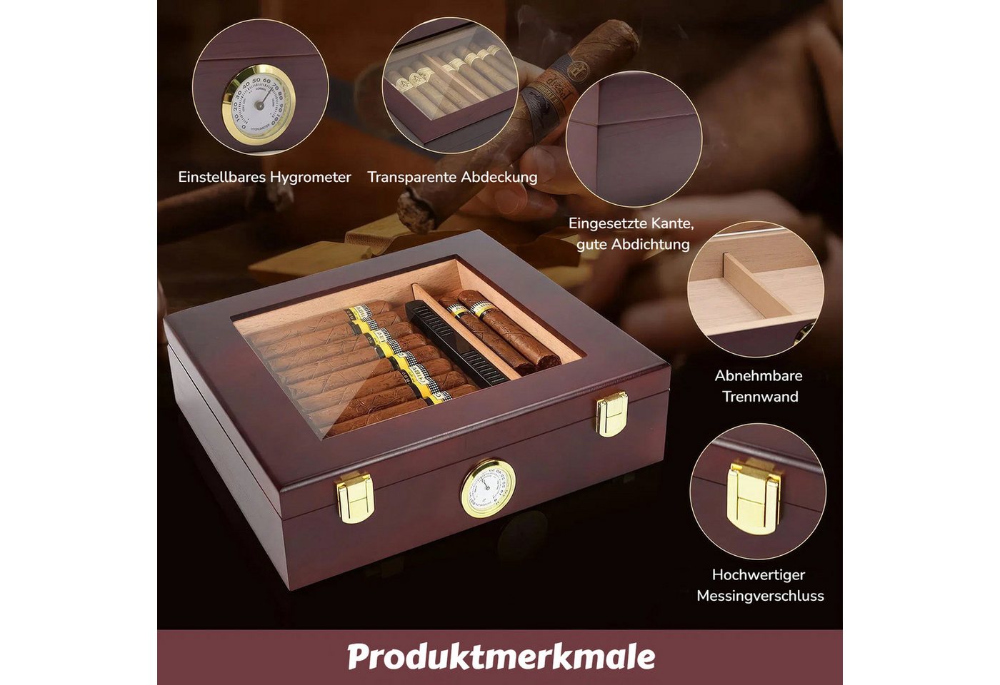 BlingBin Humidor Zigarren Humidor Zeder Desktop Box, Aufbewahrungbox, Zigarrenetui mit Trennwand und Hygrometer, Geschenk für Mann – Bild 3 von 5