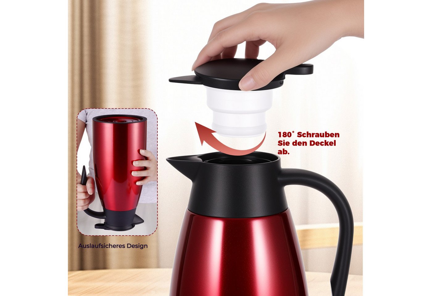 BlingBin Isolierkanne 2,1L Doppelwandige Vakuumisolierung Kaffeekanne, Thermoskanne, 2.1 l, (304 Edelstahl Isolierte Wasserkocher mit Auslaufsicherem Deckel, 24 – Bild 4 von 5