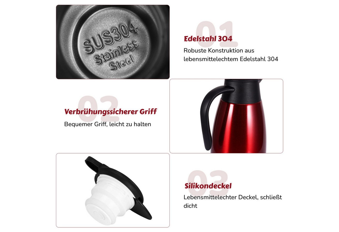 BlingBin Isolierkanne 2,1L Doppelwandige Vakuumisolierung Kaffeekanne, Thermoskanne, 2.1 l, (304 Edelstahl Isolierte Wasserkocher mit Auslaufsicherem Deckel, 24 – Bild 5 von 5