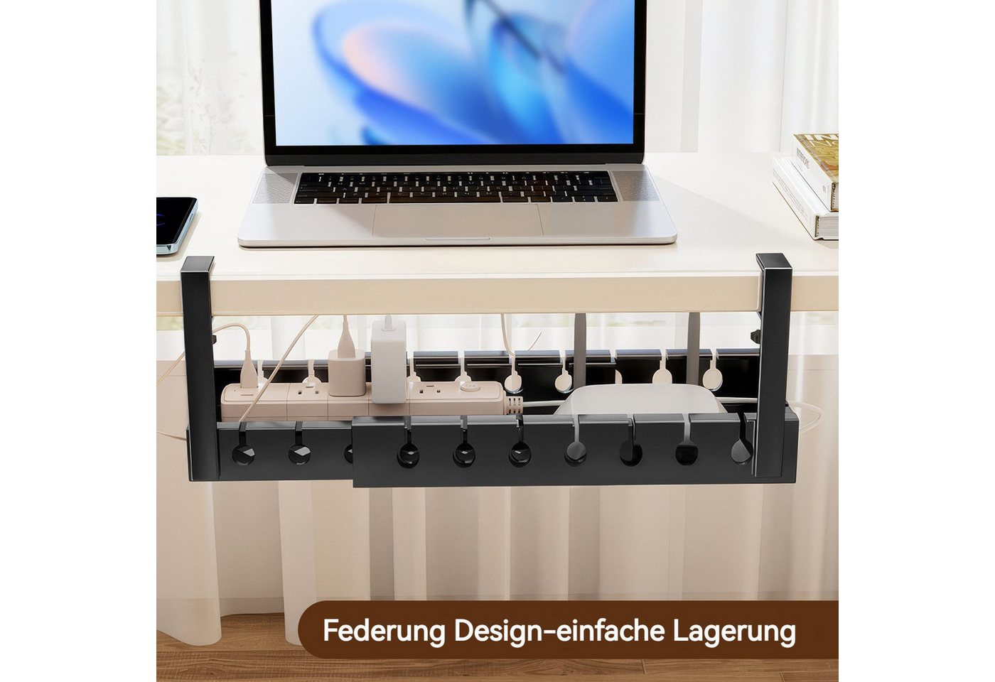 BlingBin Kabelkanal Kabel-Management-Tablett unter dem Schreibtisch, ohne Bohren (1 Stück, 1-St., 43-74 x 19 x 14 cm), Kabelkorb zum Verwalten von Kabeln und St – Bild 2 von 5