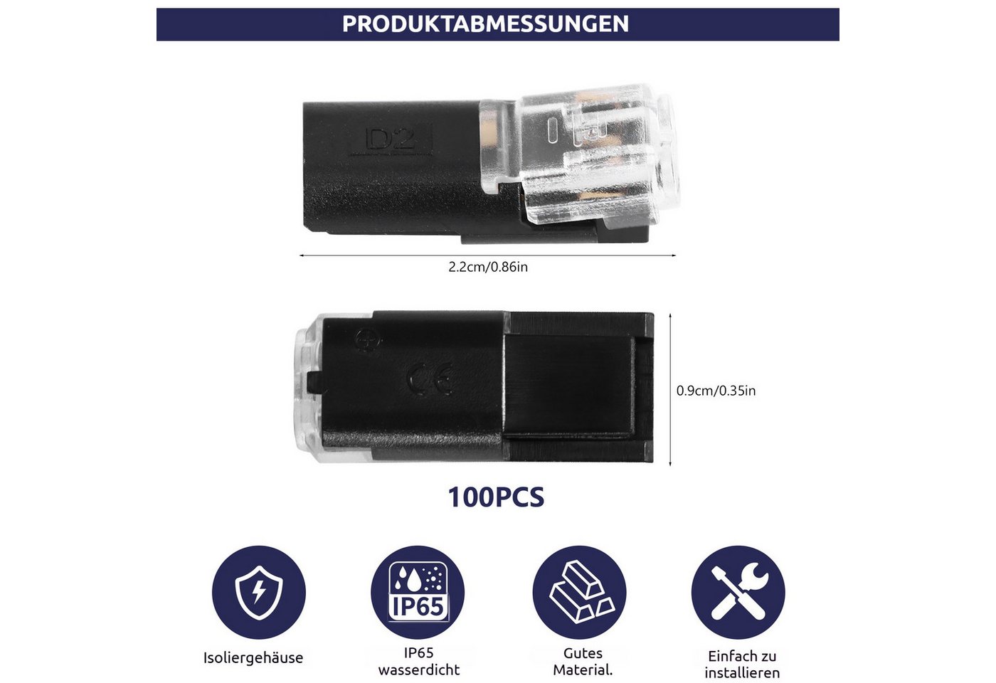 BlingBin Kabelverbinder-Sortiment 100 Stück 2‑polige Kabelsteckverbinder, wasserdicht hitzebeständig, 100er Set, 100-tlg., 100 Stück 2-Polig Kabel Steckverbinde – Bild 2 von 5