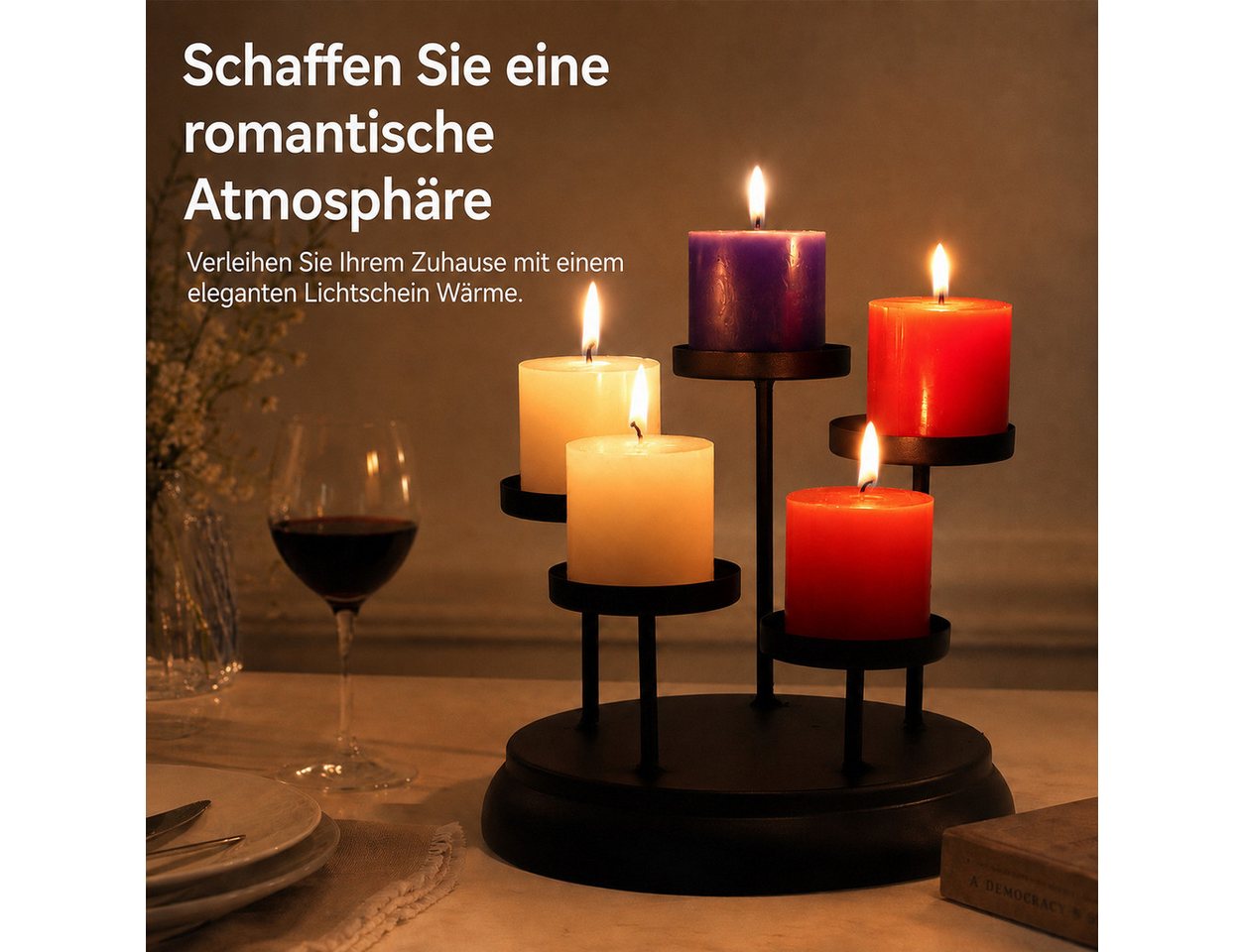 BlingBin Kerzenständer Tablett Metall Kerzenleuchter Stumpenkerze mit 4/5 Haltern Schwarz (1 Stück, 1 St., Runder Größe:19*19*16.3cm,Rechteck Größe:30*9.8*8.6cm – Bild 2 von 5
