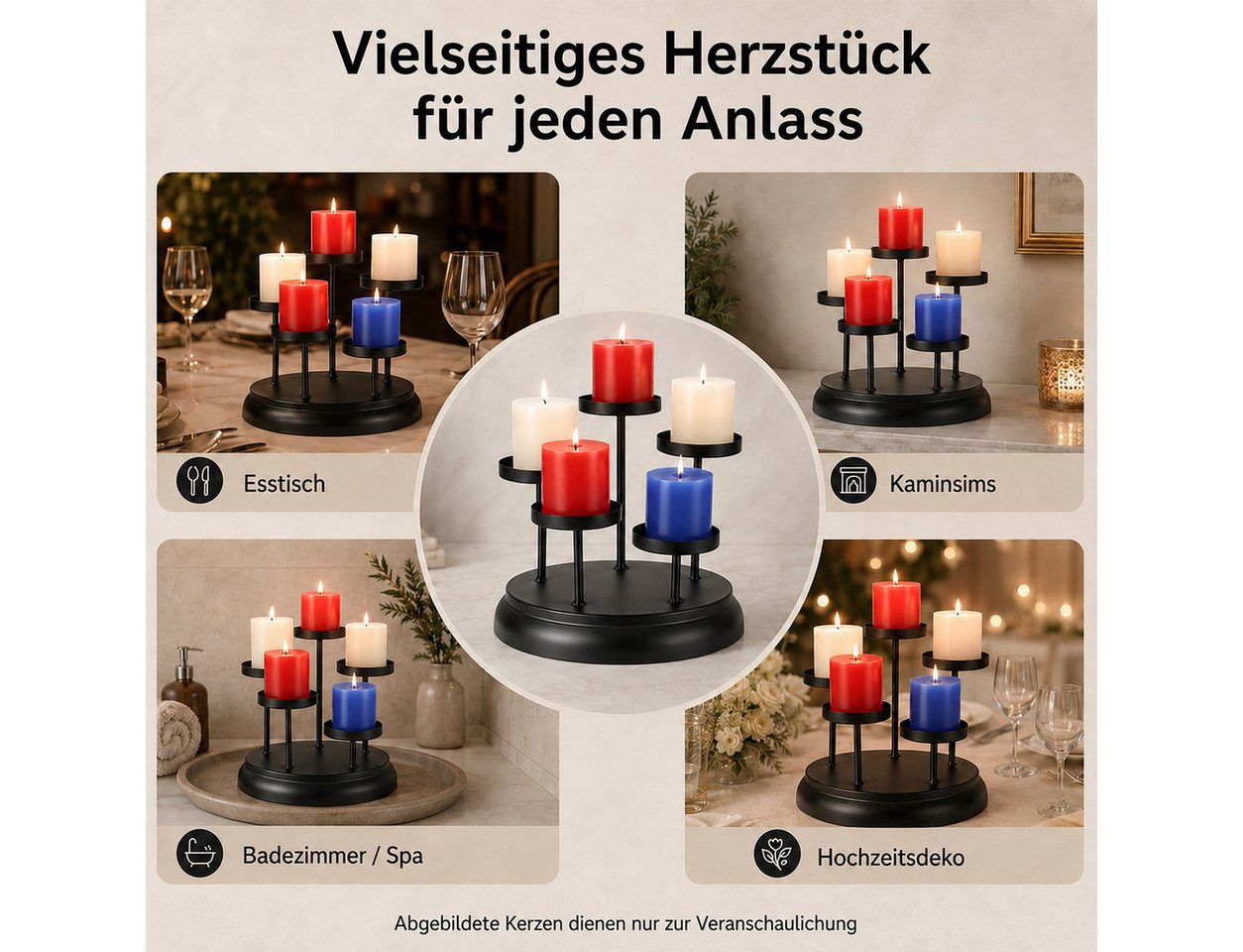 BlingBin Kerzenständer Tablett Metall Kerzenleuchter Stumpenkerze mit 4/5 Haltern Schwarz (1 Stück, 1 St., Runder Größe:19*19*16.3cm,Rechteck Größe:30*9.8*8.6cm – Bild 3 von 5