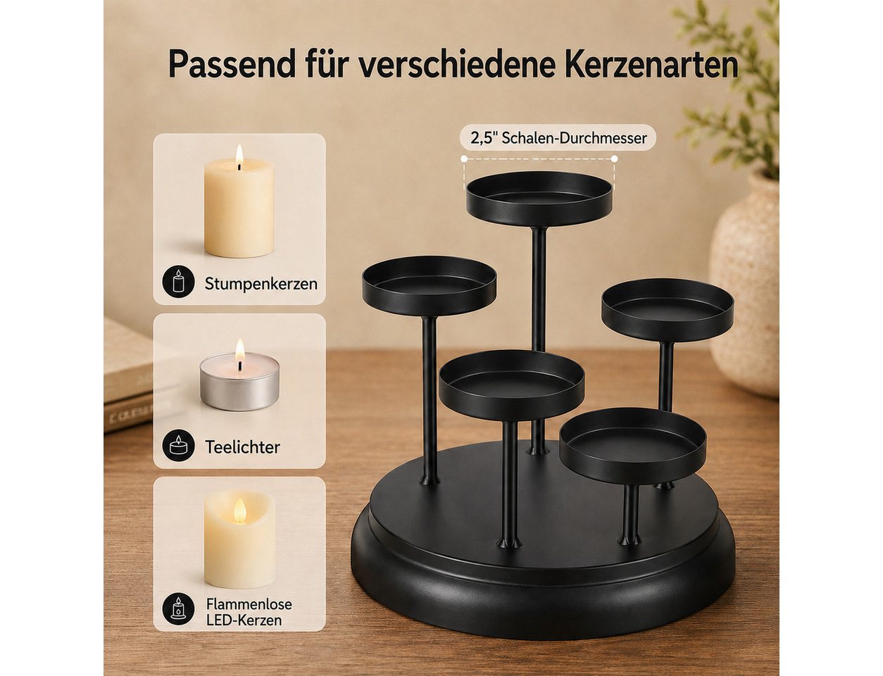 BlingBin Kerzenständer Tablett Metall Kerzenleuchter Stumpenkerze mit 4/5 Haltern Schwarz (1 Stück, 1 St., Runder Größe:19*19*16.3cm,Rechteck Größe:30*9.8*8.6cm – Bild 5 von 5