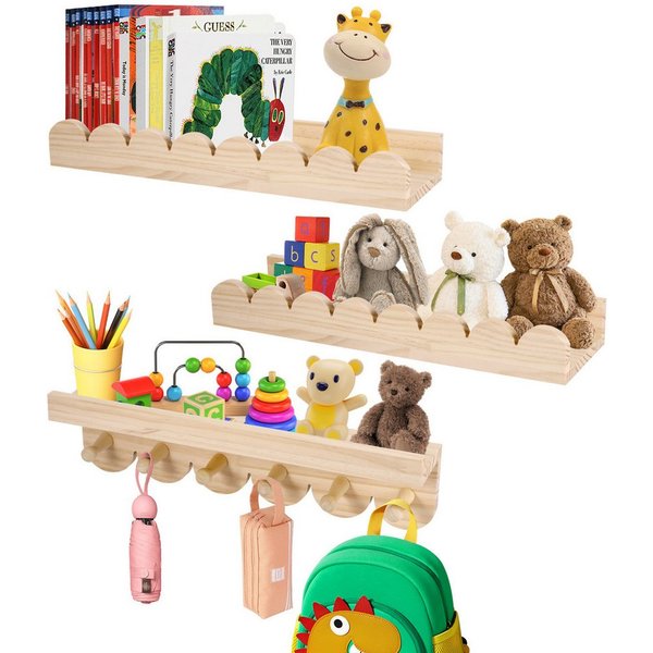 BlingBin Kinderregal 3er Set Bücherregal Kinder Wand, Wandregal Kinderzimmer 40cm, 1er Set 3-tlg., Schweberegale mit 6 Holzhaken für Jungen & Mädchen, Montessor