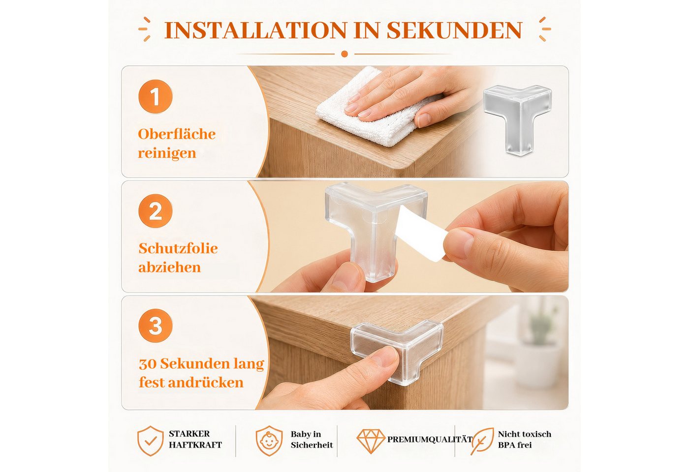 BlingBin Kindersicherung 20 Stück transparenter Eckenschutz selbstklebend,L‑, T‑ und rundförmig, weicher Tischkantenschutz, babyfreundliche Kindersicherung für  – Bild 5 von 5