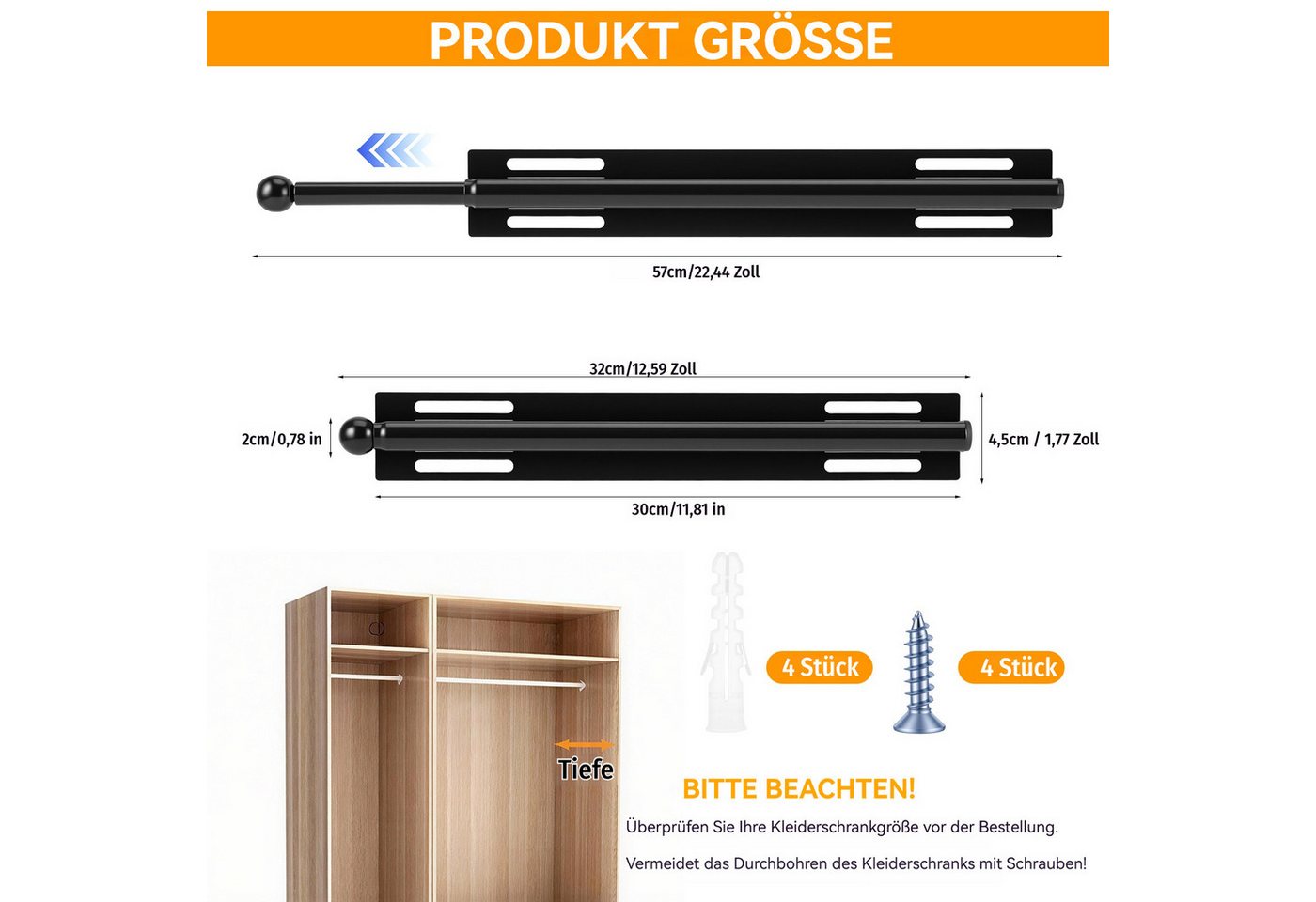 BlingBin Kleiderstange Ausziehbare Kleiderstange,Verstellbare Garderobenstange in 12 Zoll (1er Set, 1 St., Platzsparende Teleskopstange für Kleiderschrank, Meta – Bild 2 von 5