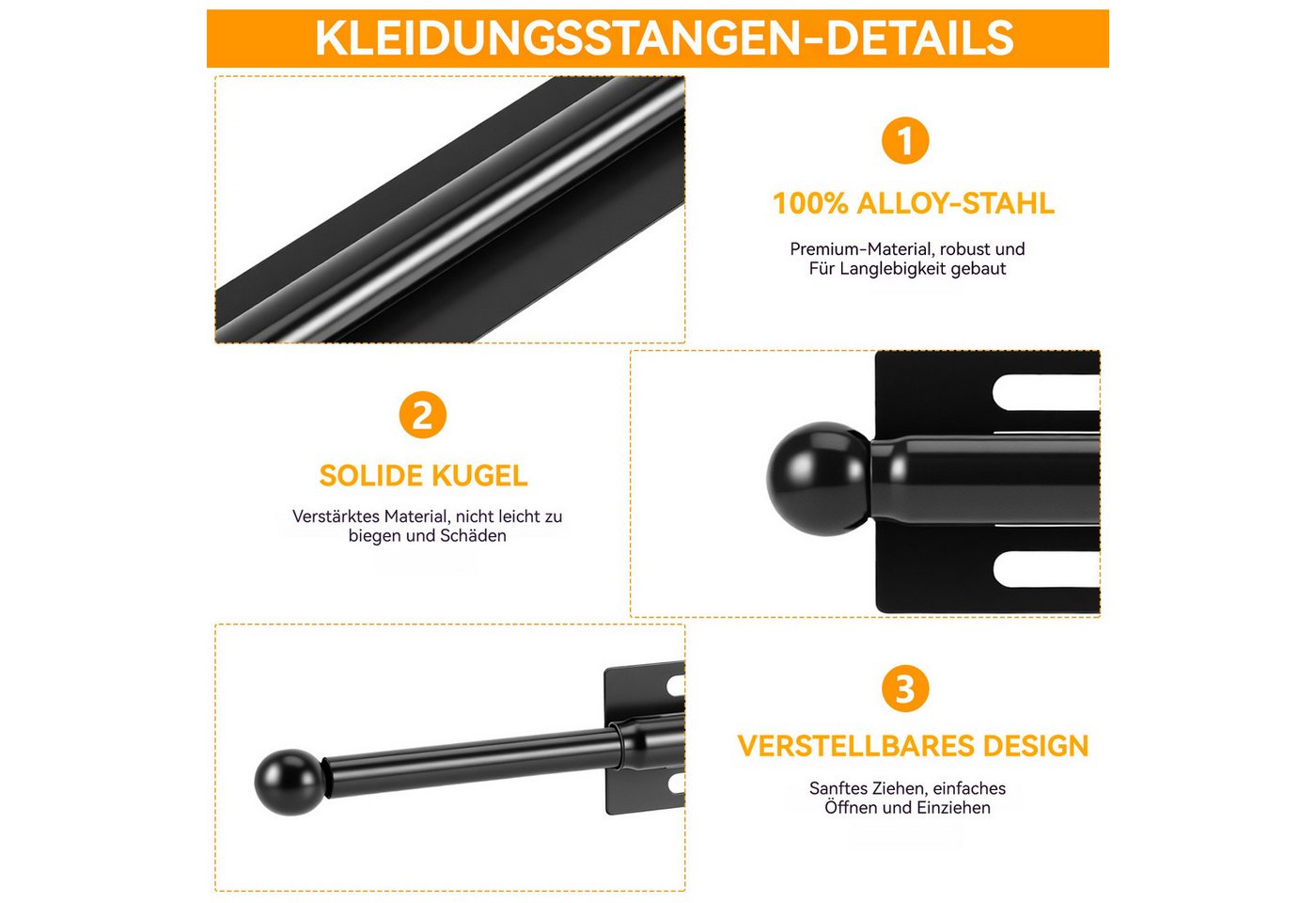 BlingBin Kleiderstange Ausziehbare Kleiderstange,Verstellbare Garderobenstange in 12 Zoll (1er Set, 1 St., Platzsparende Teleskopstange für Kleiderschrank, Meta – Bild 3 von 5