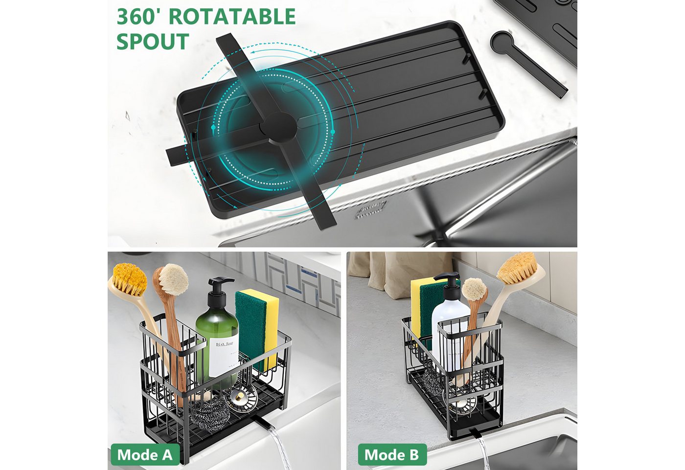 BlingBin Küchenorganizer-Set Spülbecken-Organizer Schwammhalter mit Automatischer Entwässerung, (360° Drehbar Abflussrohr, 1-tlg., Produktabmessungen: 23,5 × 21 – Bild 2 von 5
