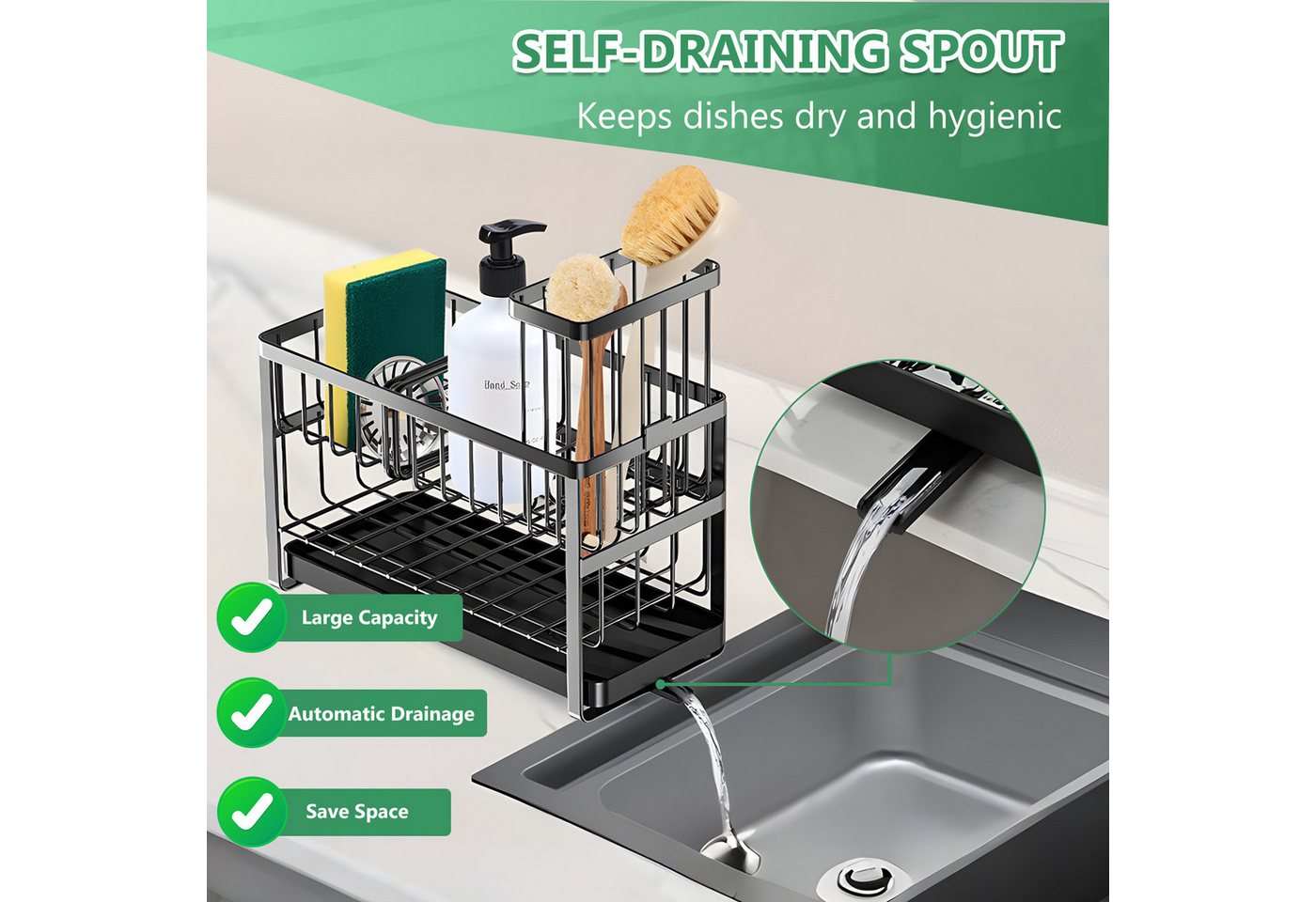 BlingBin Küchenorganizer-Set Spülbecken-Organizer Schwammhalter mit Automatischer Entwässerung, (360° Drehbar Abflussrohr, 1-tlg., Produktabmessungen: 23,5 × 21 – Bild 3 von 5
