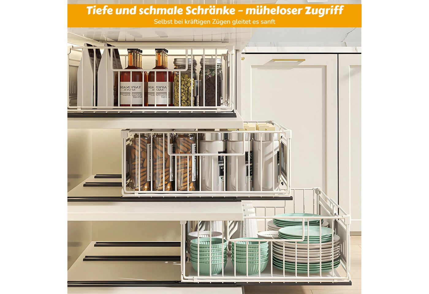 BlingBin Küchenorganizer-Set Teleskopschublade, Ausziehbare Schublade Küche Organizer Schrank, (2 Stück Erweiterbar Küchenschublade mit Kleber, 2-tlg., Produkta – Bild 4 von 5