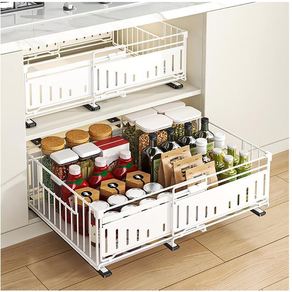 BlingBin Küchenorganizer-Set Teleskopschublade Ausziehbare Schublade Küche Organizer Schrankkorb, (2 Stück, 2-tlg., ohne Bohren für Küche Küchenschränke, Bad, Z