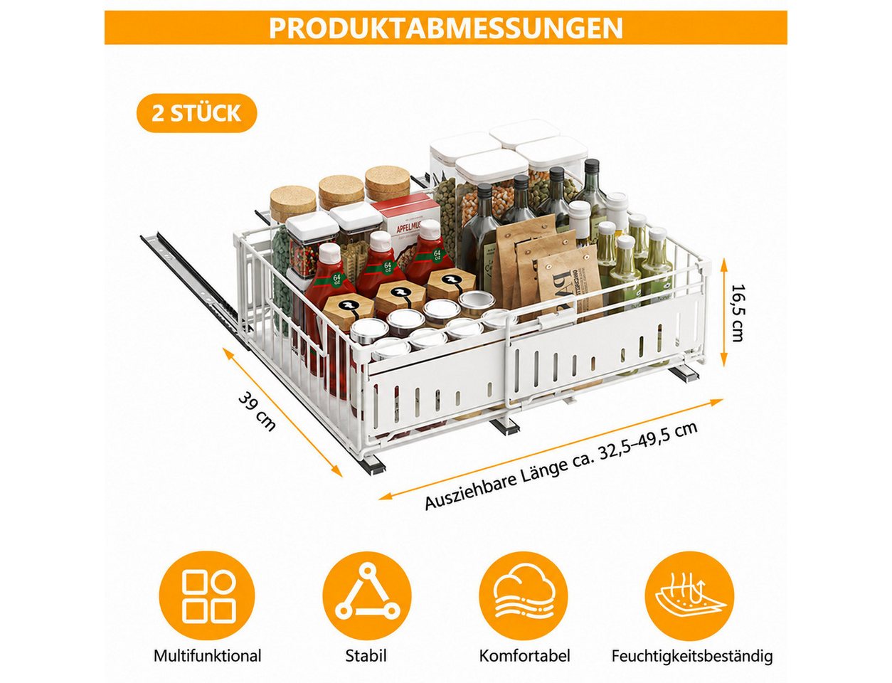BlingBin Küchenorganizer-Set Teleskopschublade Ausziehbare Schublade Küche Organizer Schrankkorb, (2 Stück, 2-tlg., ohne Bohren für Küche Küchenschränke, Bad, Z – Bild 2 von 5