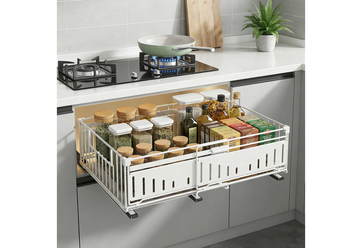 BlingBin Küchenorganizer-Set Teleskopschublade Ausziehbare Schublade Küche Organizer Schrankkorb, (2 Stück, 2-tlg., ohne Bohren für Küche Küchenschränke, Bad, Z – Bild 3 von 5