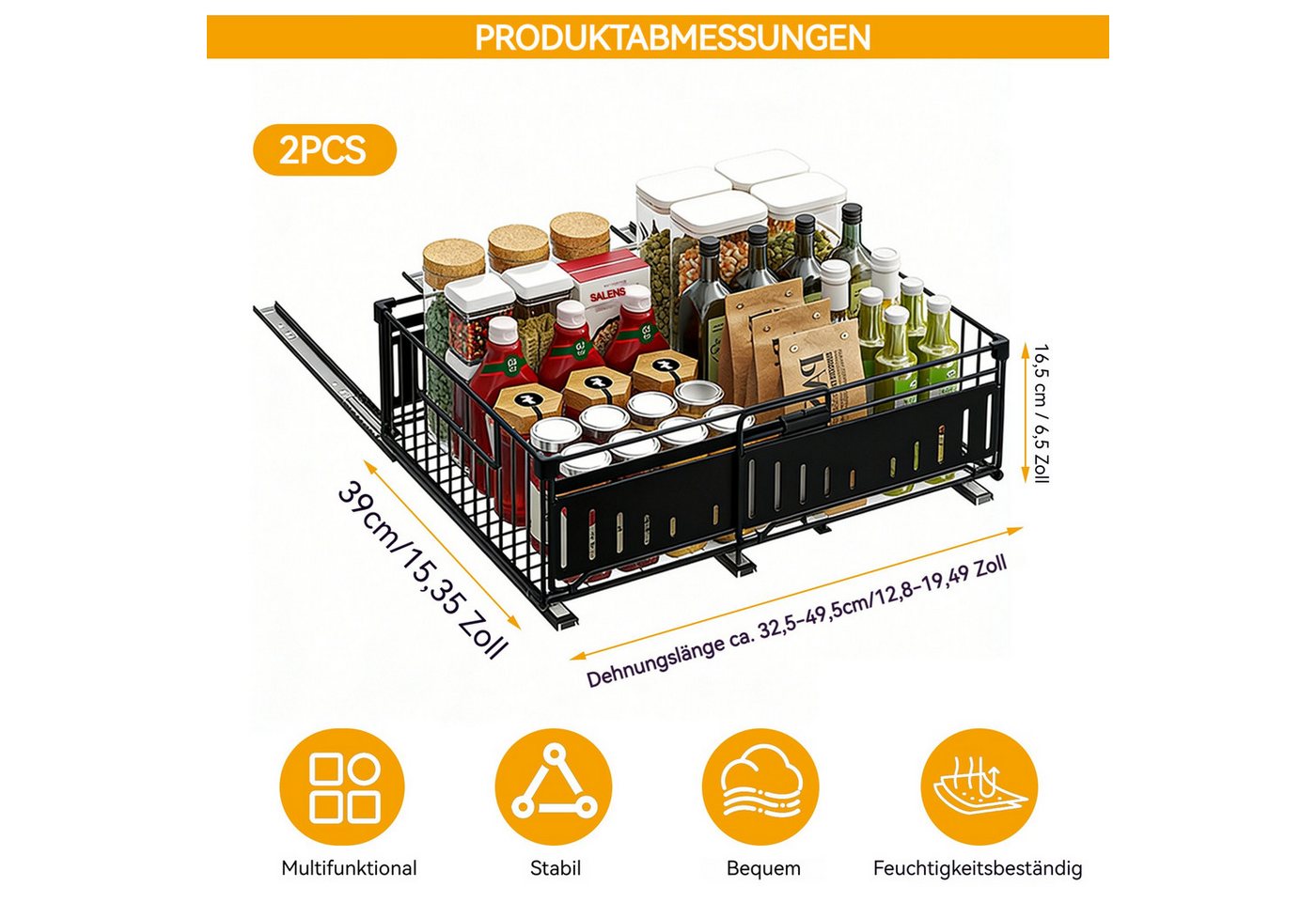BlingBin Küchenorganizer-Set Teleskopschublade, Ausziehbare Schublade Aufbewahrungsregale Organizer, (2er-Set, 2-tlg., Verstellbare Breite: 32,5–49,5 cm), für K – Bild 3 von 5