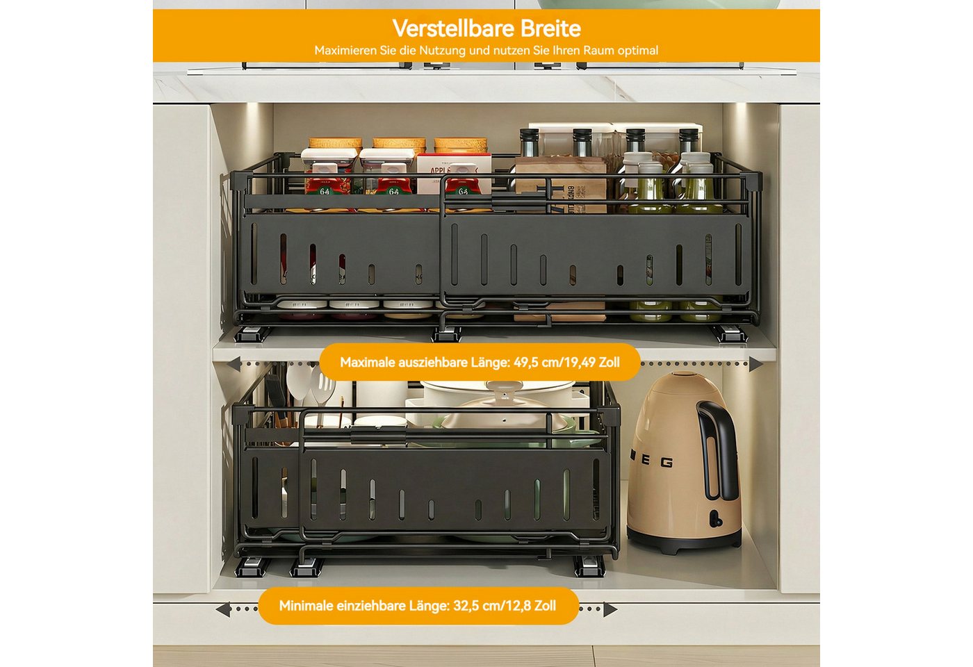 BlingBin Küchenorganizer-Set Teleskopschublade, Ausziehbare Schublade Aufbewahrungsregale Organizer, (2er-Set, 2-tlg., Verstellbare Breite: 32,5–49,5 cm), für K – Bild 4 von 5