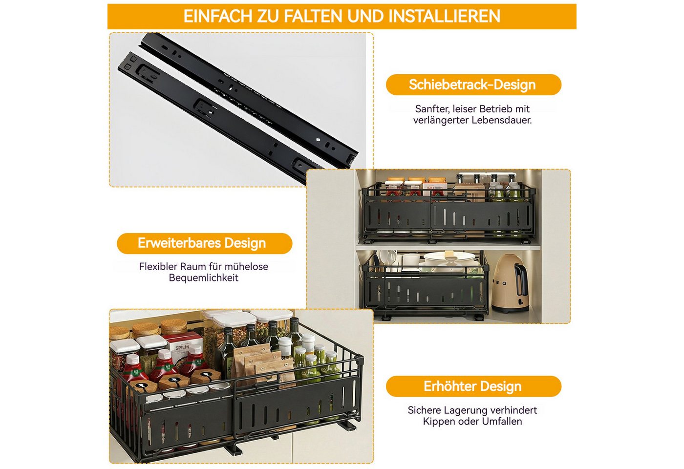 BlingBin Küchenorganizer-Set Teleskopschublade, Ausziehbare Schublade Aufbewahrungsregale Organizer, (2er-Set, 2-tlg., Verstellbare Breite: 32,5–49,5 cm), für K – Bild 5 von 5